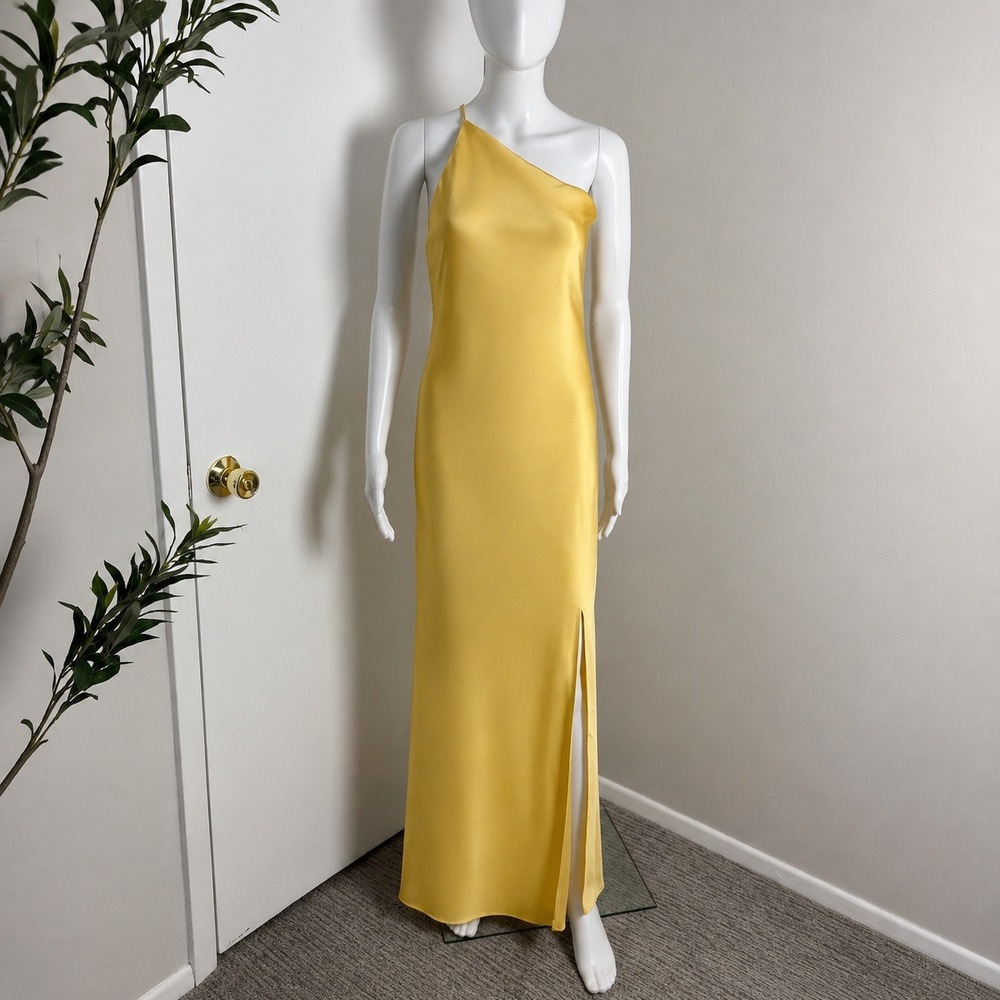 Commense Golden Yellow One Shoulder Satin Backless Maxi Dress with Side Slit S - Picture 4 of 14